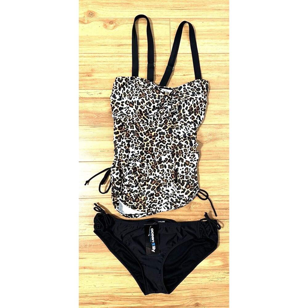 NEW 2 PC Ocean Lily Maternity Swimsuit LARGE Tankini/Bottoms Leopard Drawstring